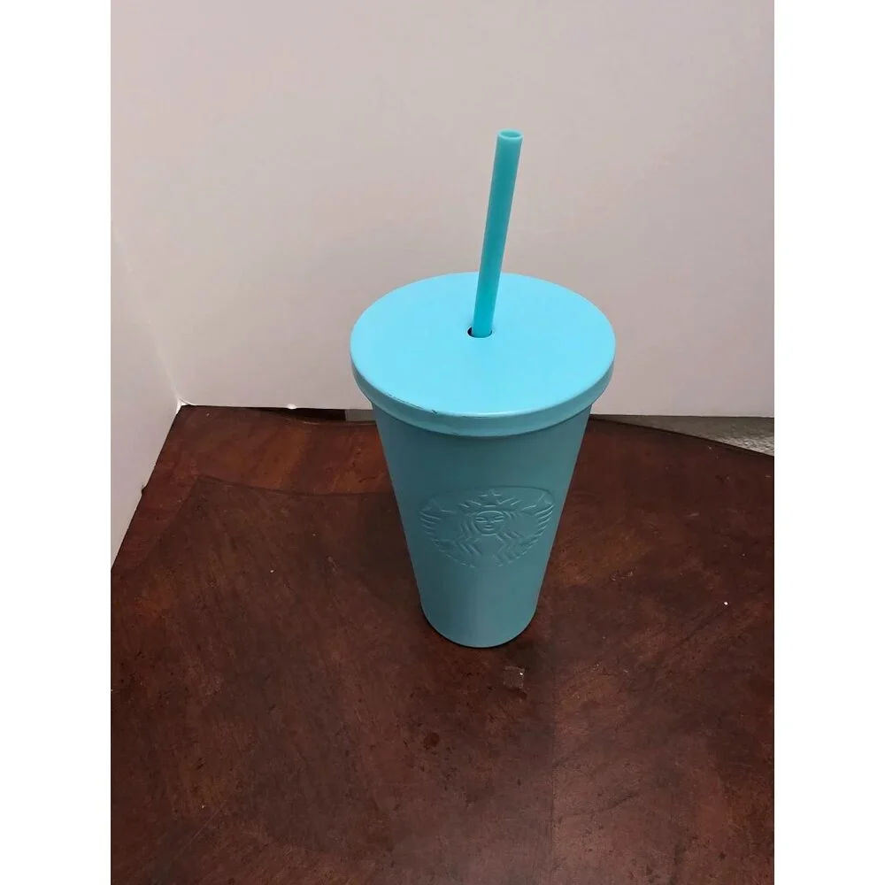 Starbucks 16 Oz Light Blue Cold‎ Cup Tumbler With Lid & Straw